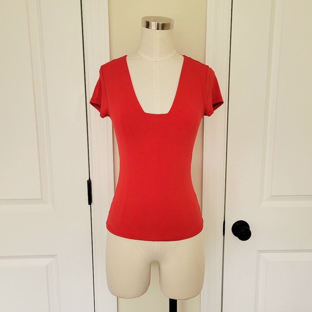 Vtg Vol. 1 Red Square Neck Short Slv Tee Retro Y2k Stretchy Sexy College Festive